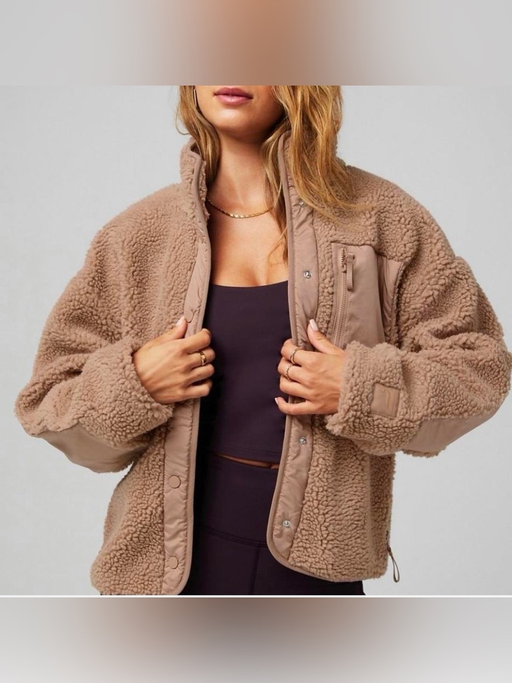 Fabletics Taupe Sherpa Zip Jacket